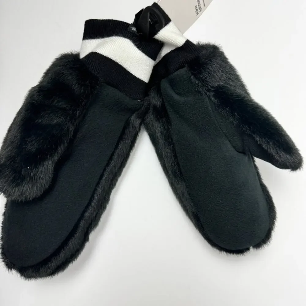 Nike Women's Cold Weather Winter Logo Black & White Faux Fur Mittens  Sz XS